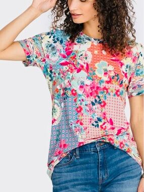 Johnny Was Multi-Color Floral Patchwork Short Sleeve Tee
